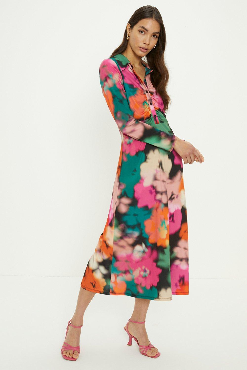 Blurred Floral Ruched Front Midi Shirt Dress