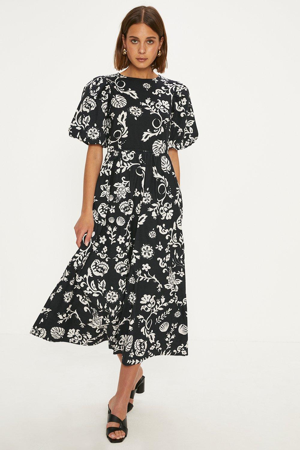 Floral Woven Mix Puff Sleeve Cotton Midi Dress