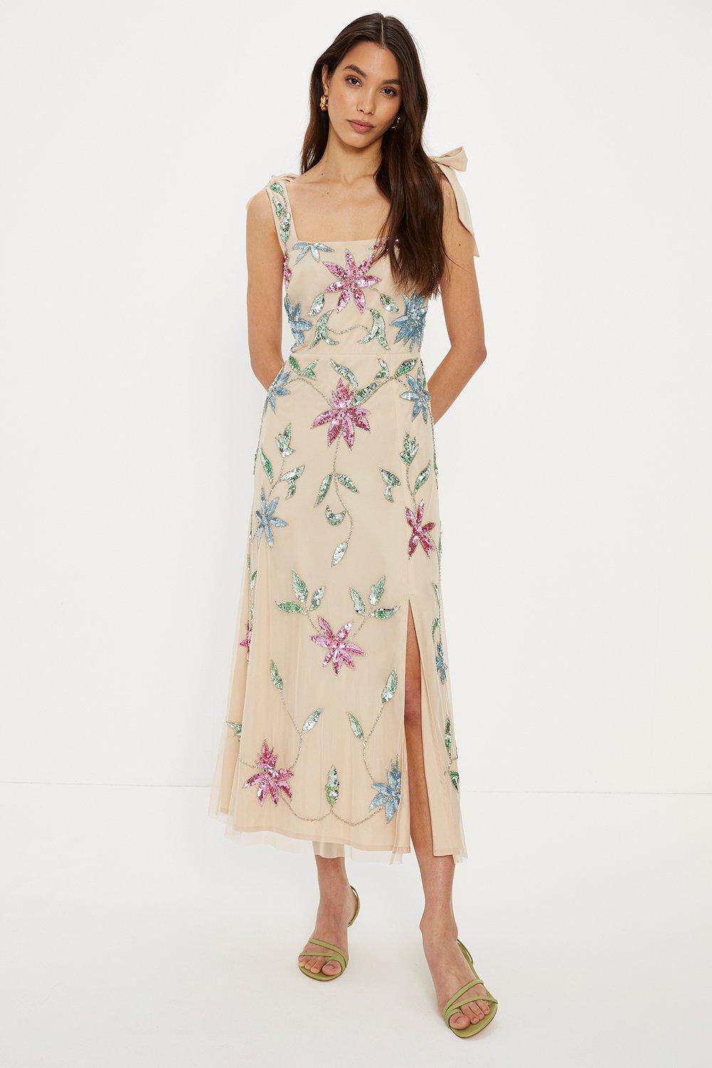 Hand Embellished Large Floral Bow Shoulder Midi Dress