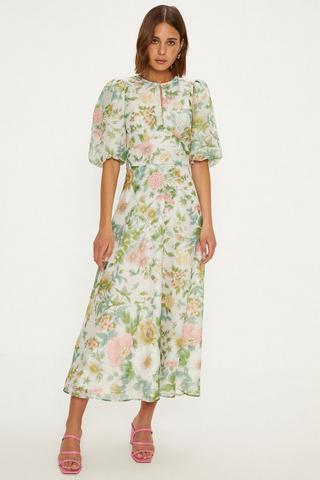 Evadora | Green Midi Dress w/ Textured Floral Fabric