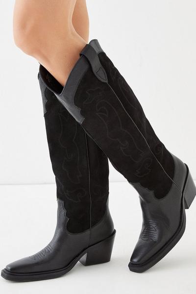 Leather And Suede Stitch Detail Western Knee Boot