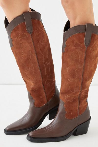 Leather And Suede Stitch Detail Western Knee Boot