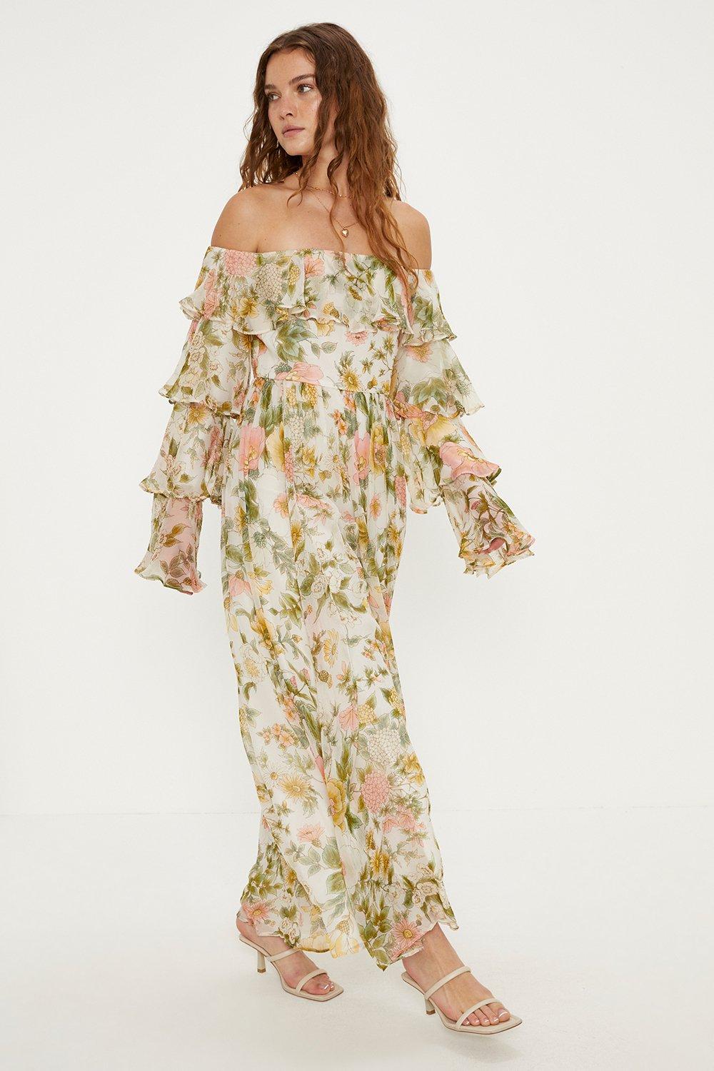 Soft Floral Chiffon Ruffle Maxi Dress