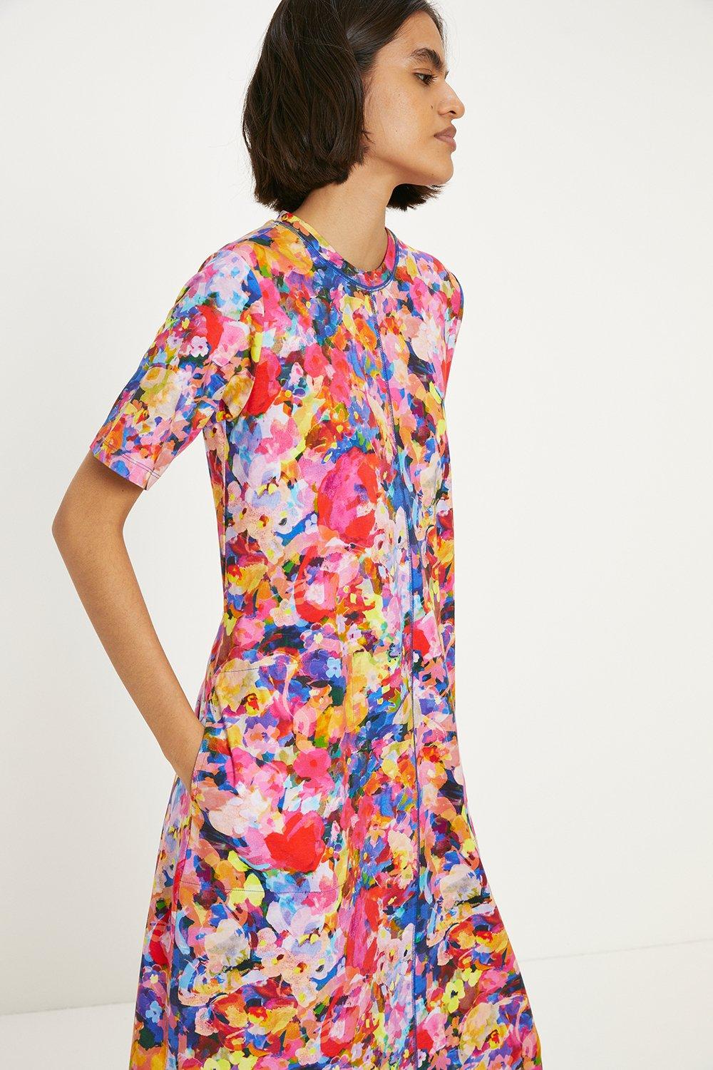 Cotton Bright Floral Seam Detail Midi Trapeze Dress