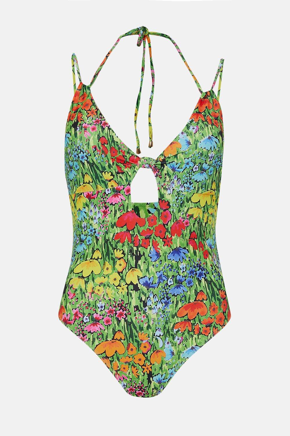 Ditsy Floral Double Strap Keyhole Swimsuit
