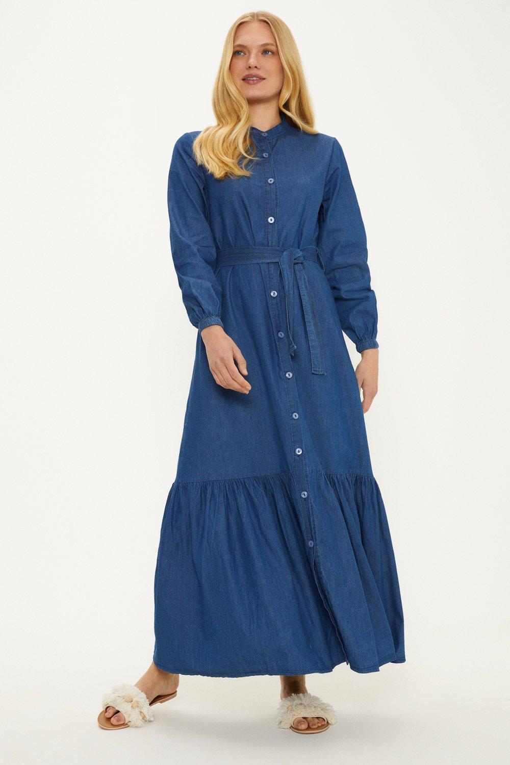 Chambray Belted Button Through Midi Dress