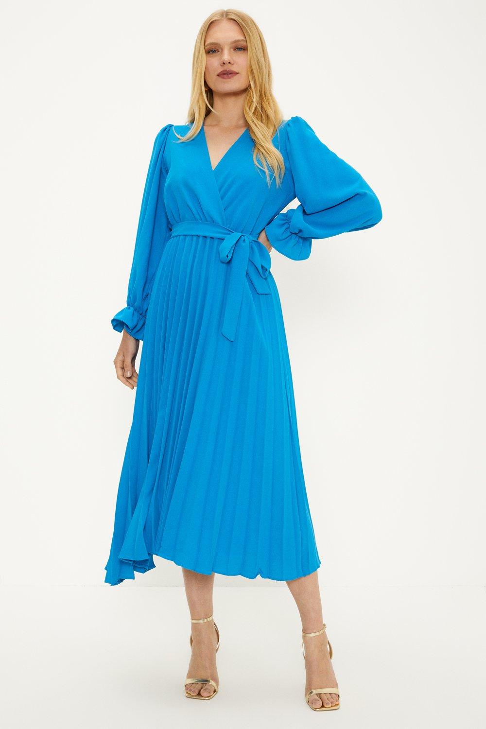 Belted Wrap Pleated Midi Dress