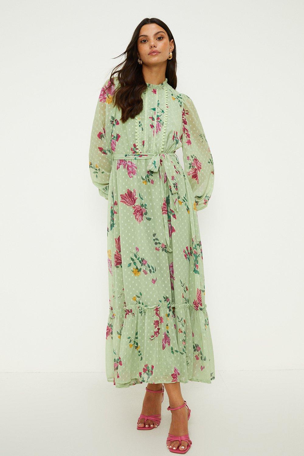 Lace Trim Floral Dobby Chiffon Midi Dress
