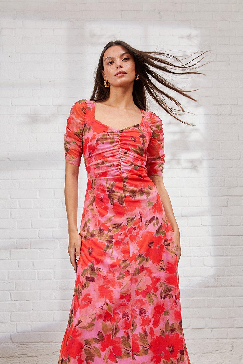 Red Floral Mesh Ruched Sleeve Midi Dress