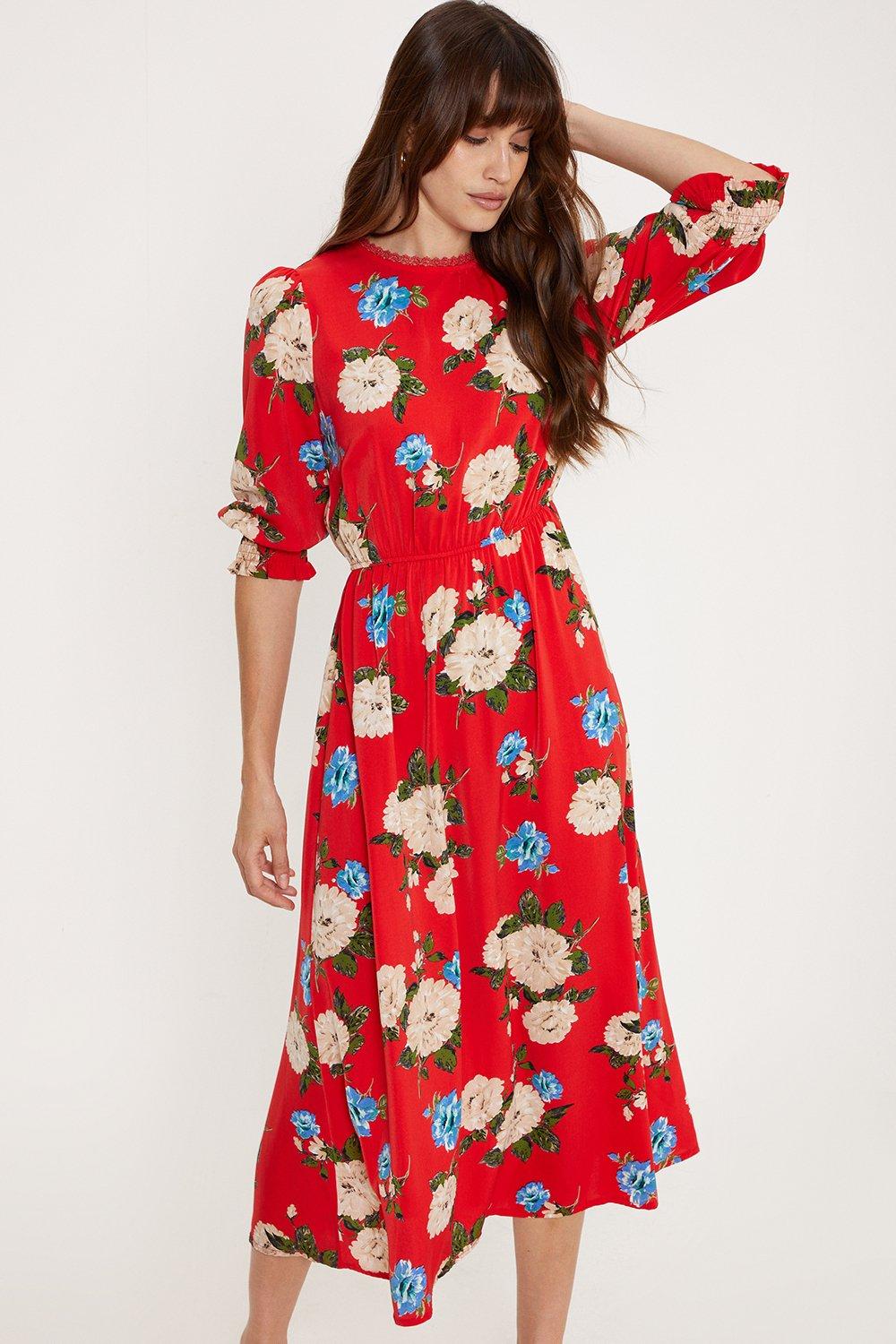 Red Floral Lace Trim Detail Midi Dress
