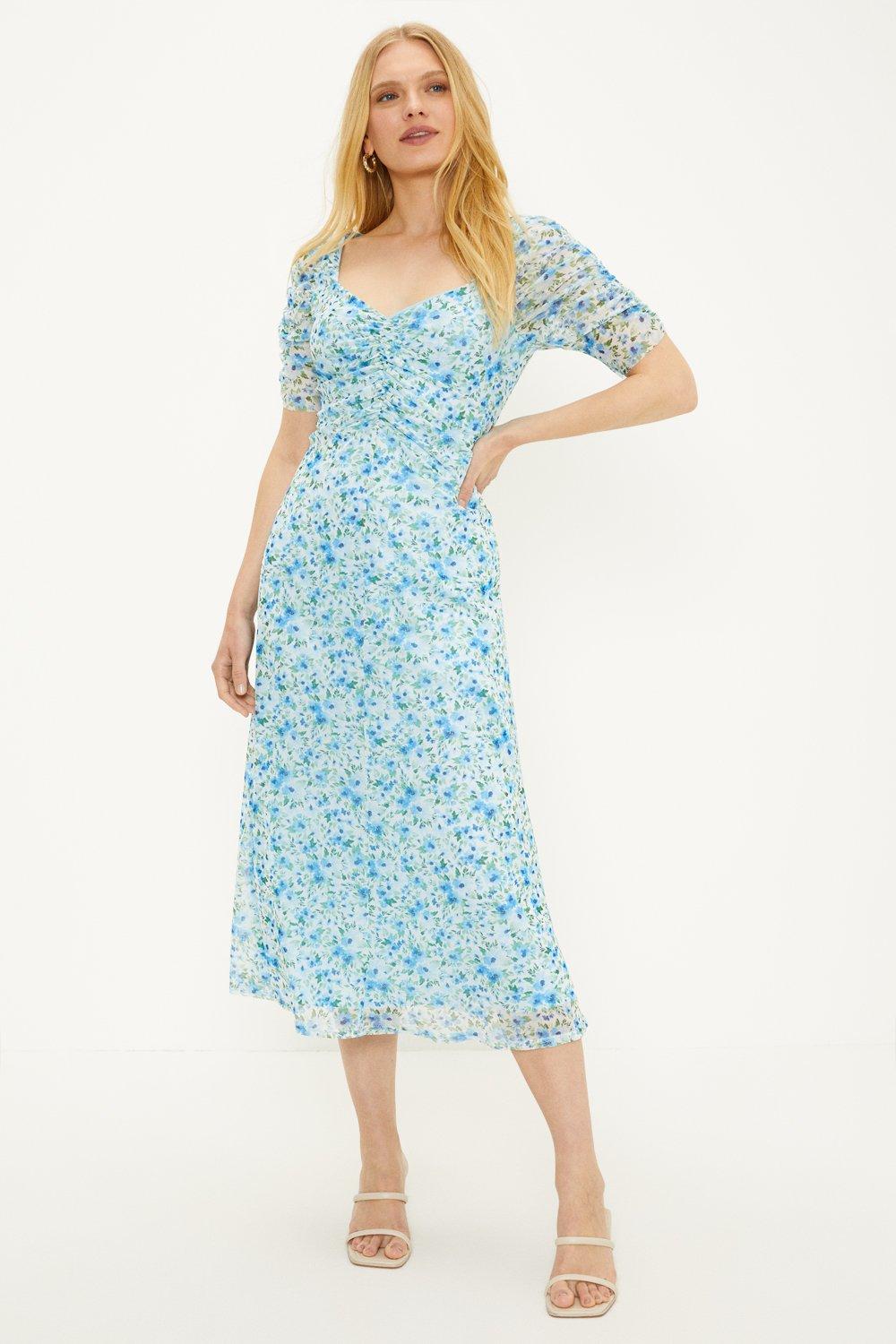 Ditsy Floral Printed Mesh Ruched Sleeve Midi Dress