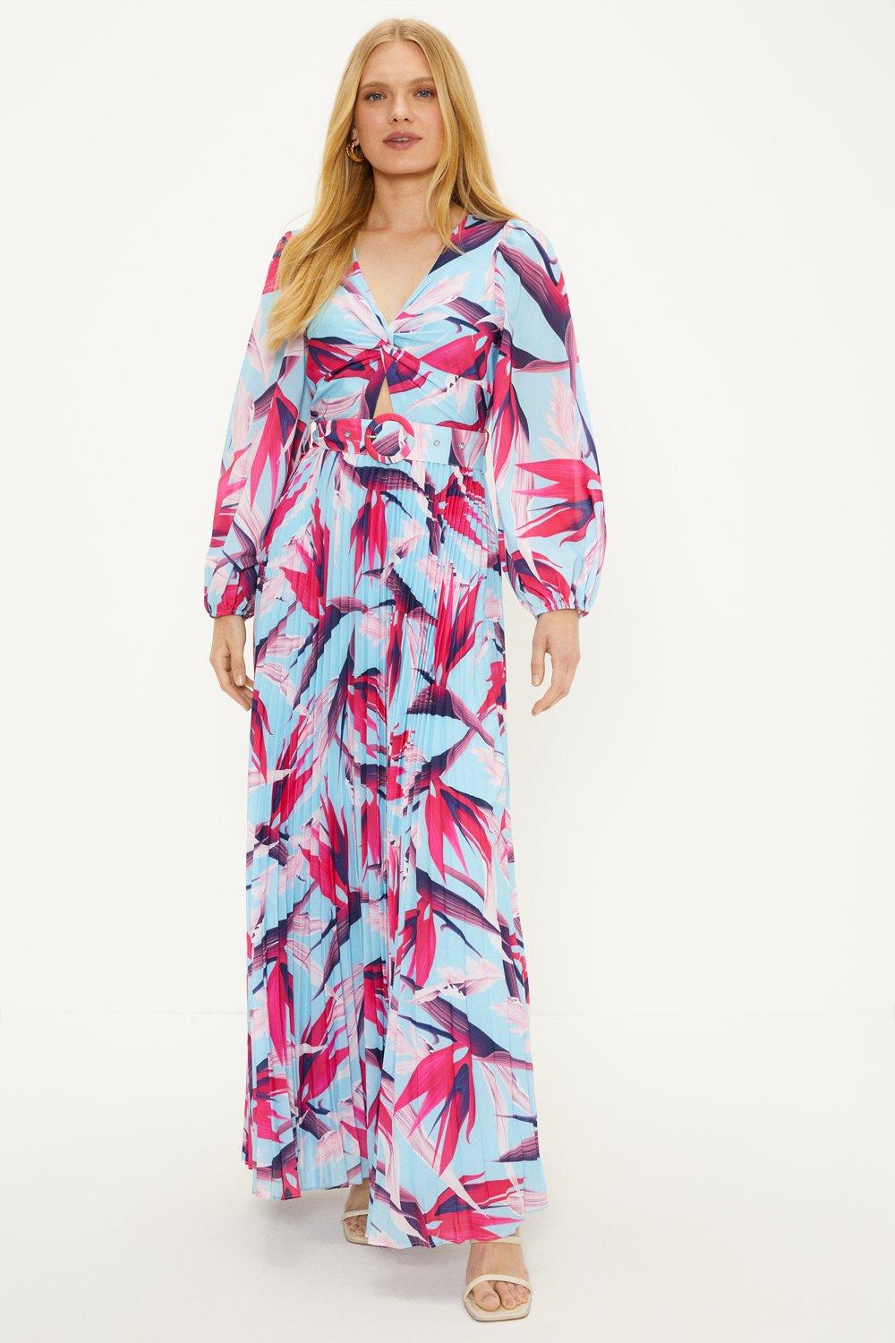 Palm Print Belted Pleated Maxi Dress