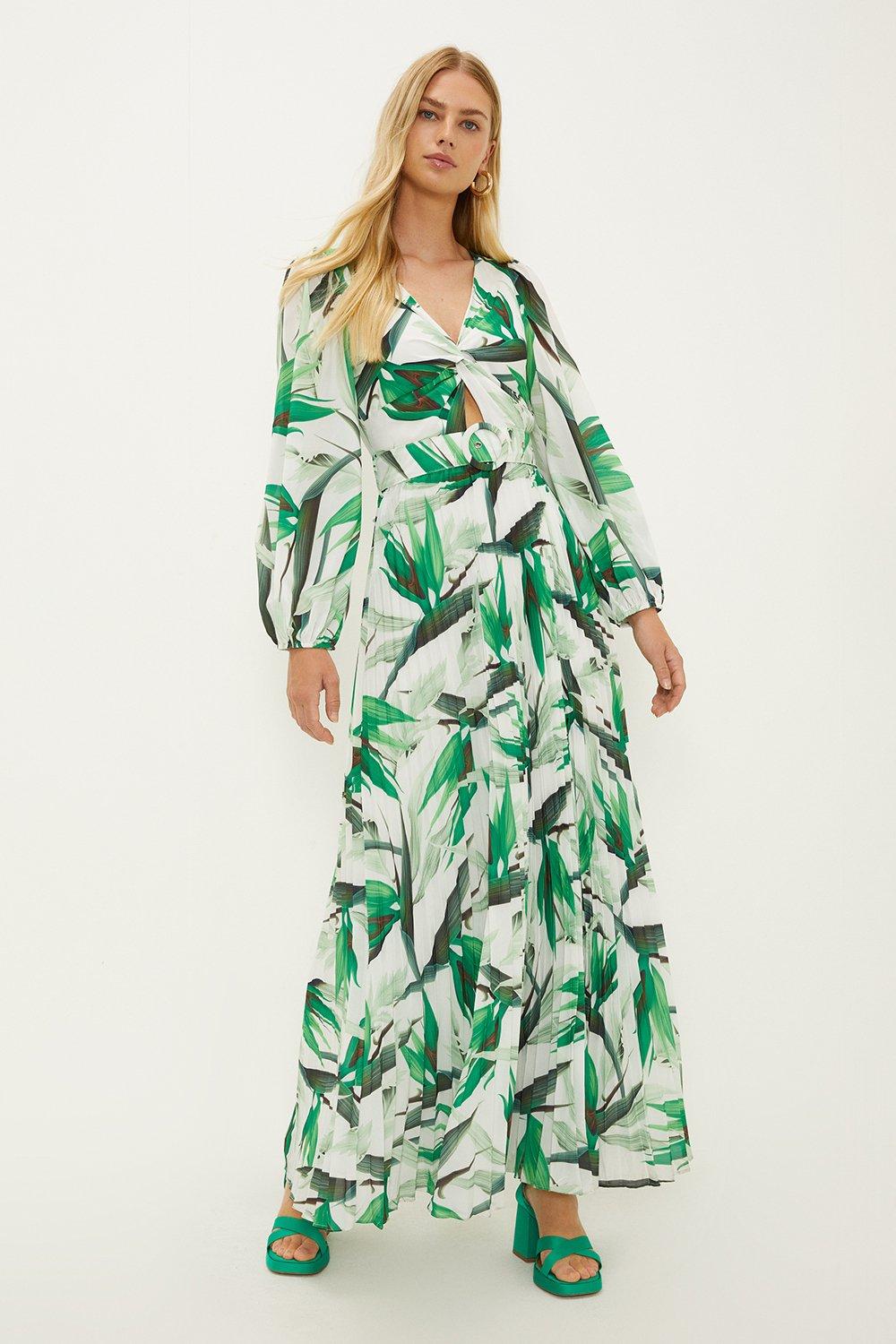 Palm Print Belted Pleated Maxi Dress