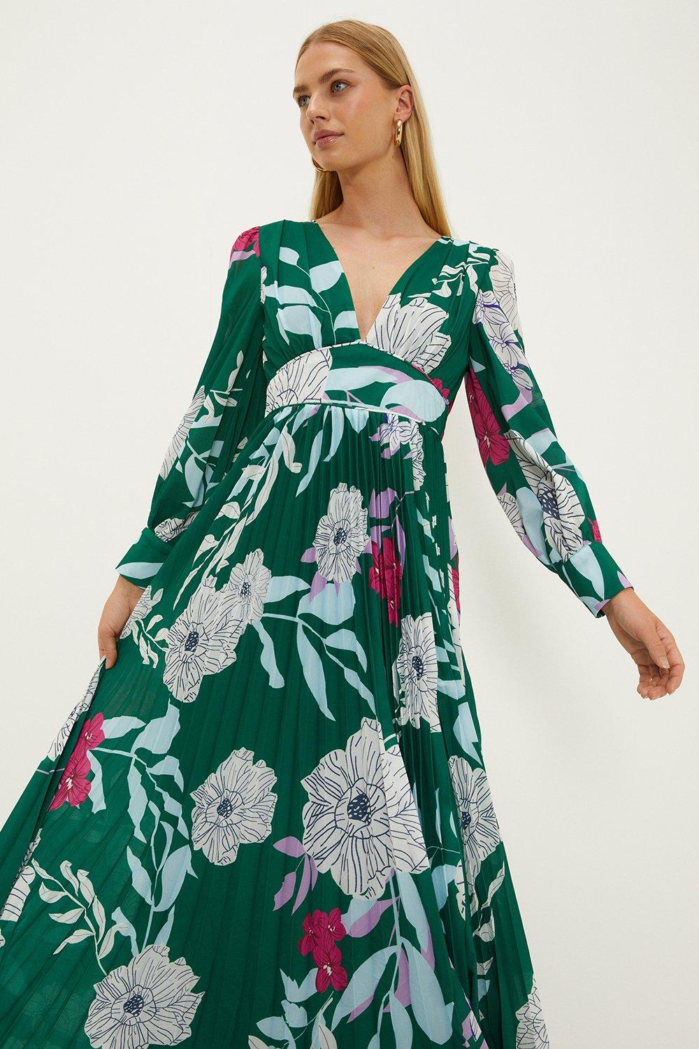 Statement Floral Tie Back Pleated Maxi Dress