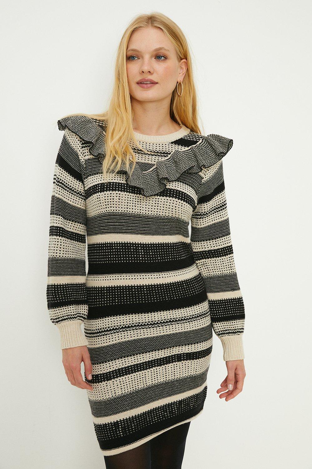 Frill Detail Textured Stripe Jumper Dress
