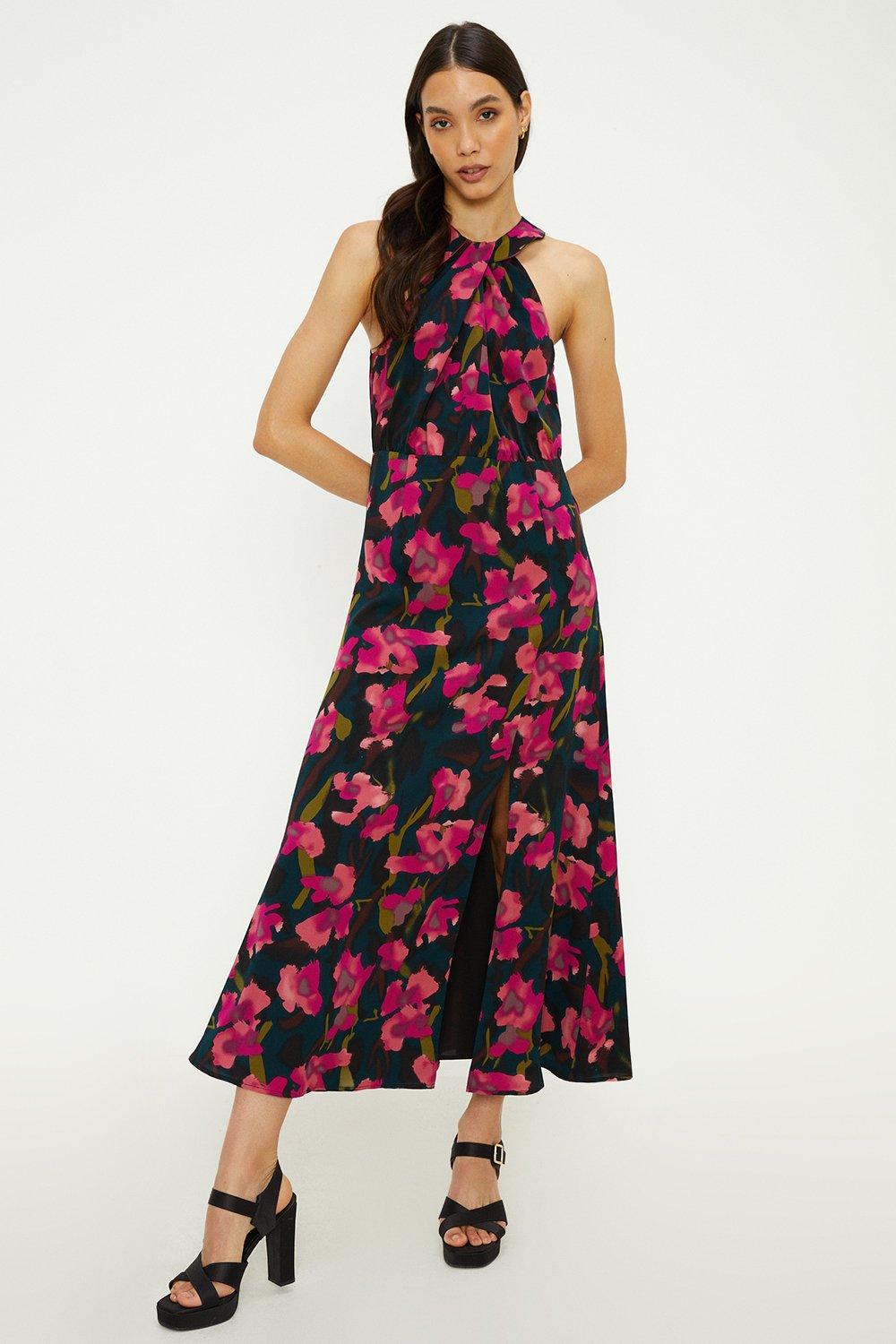 Blurred Floral Twist Neck Lined Maxi Dress
