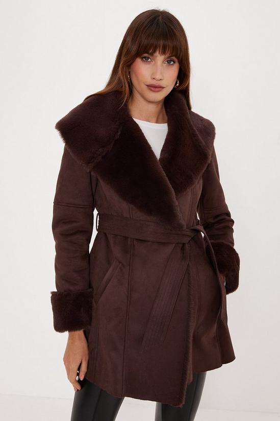 Oasis Faux Shearling Collar Belted Short Coat 1