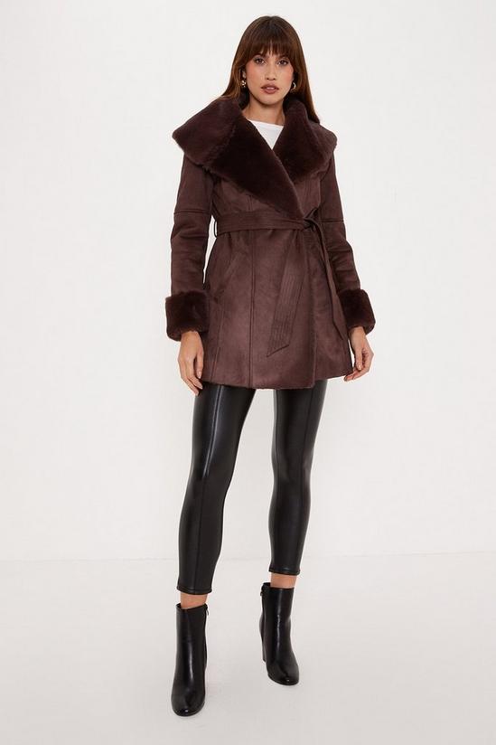 Oasis Faux Shearling Collar Belted Short Coat 2
