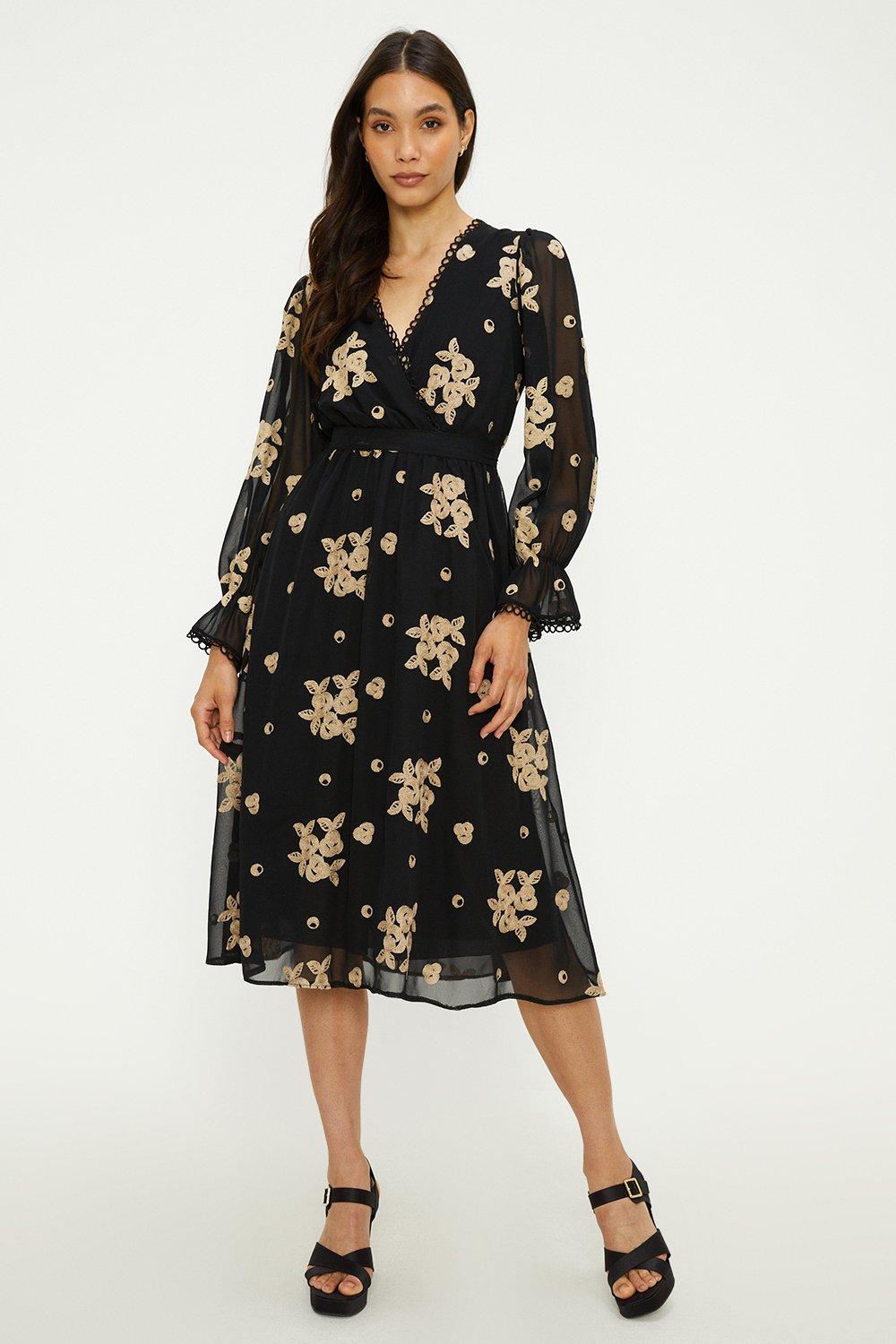 Floral Embroidered Trim Belted Midi Dress
