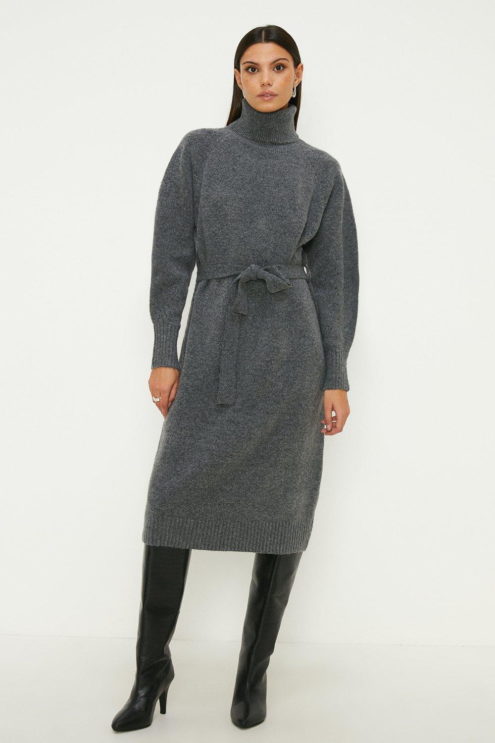Belted Cosy Roll Neck Midi Dress