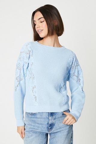 Product Lace Insert Ribbed Sweater blue