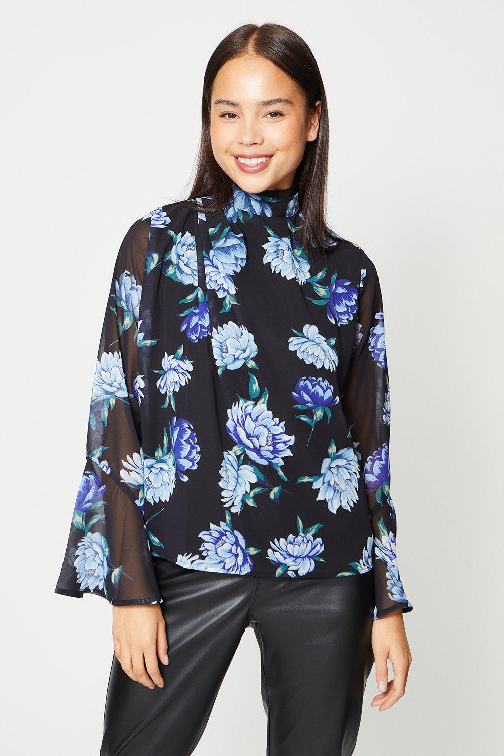 Tops | Petite Floral Drape Neck Flute Sleeve Top | Oasis