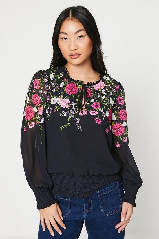 Oasis Petite Floral Tie Neck Shirred Top 1