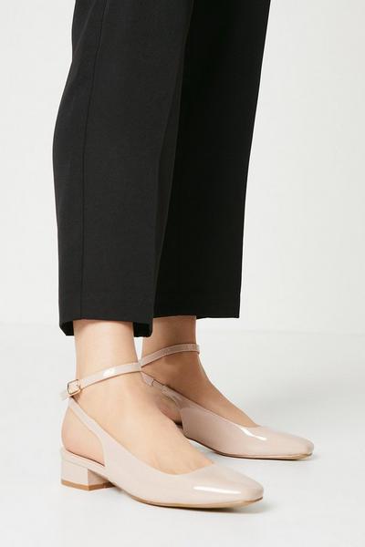 Gillian Patent Ankle Strap Square Toe Low Heeled Court Shoes