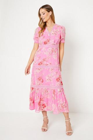 Product Paisley Printed Chiffon Lace Insert Midi Tea Dress pink
