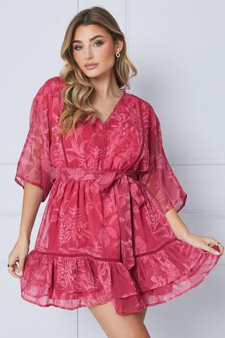 Product Petite Floral Kimono Sleeve Mini Dress red