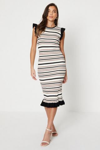 Product Petite Contrast Frill Stripe Knitted Midi Dress black