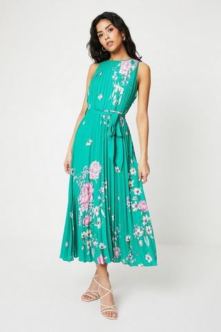 Product Petite Green Floral Pleated Belted Midi Dress green