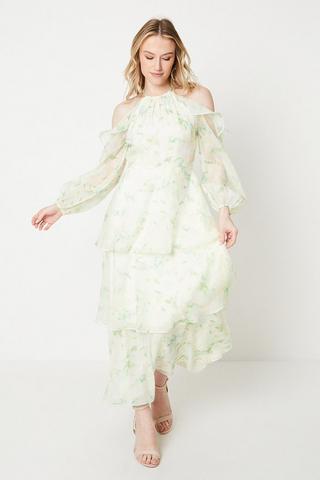 Green Dobby Cold Shoulder Dress | SilkFred IE