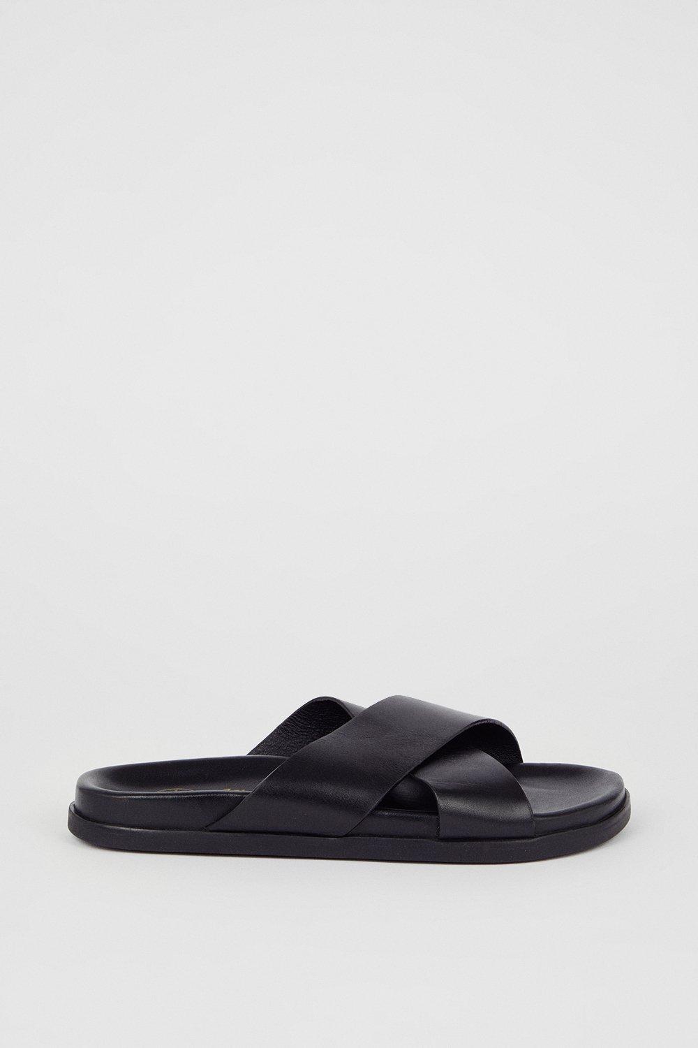 Sandals | Black Leather Crossover Strap Sandals | Burton