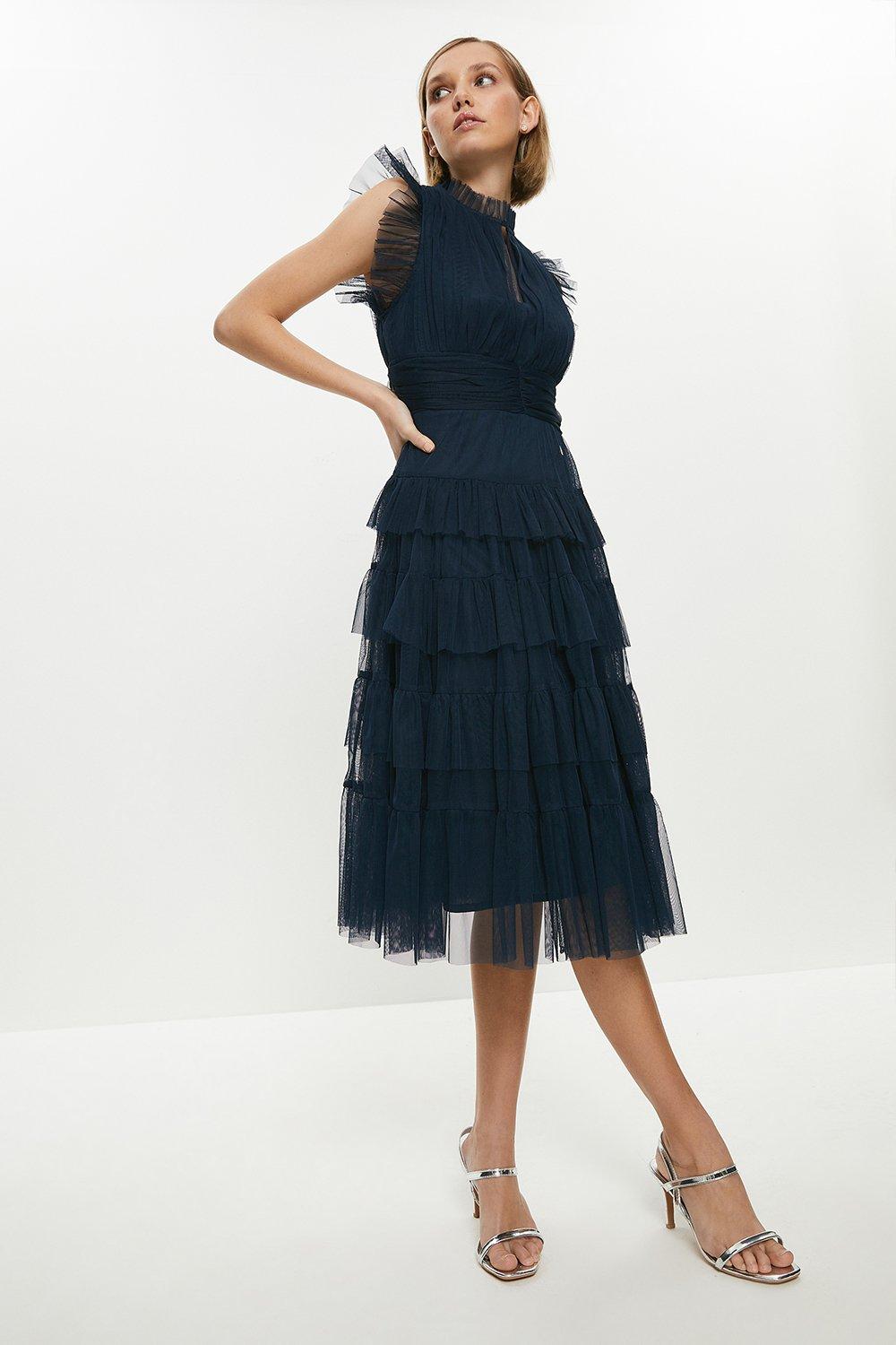 Petite Tulle Tiered Frill Sleeve Dress
