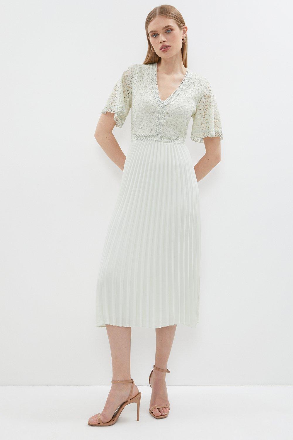 Lace Bodice Angel Sleeve Pleat Skirt Midi Dress