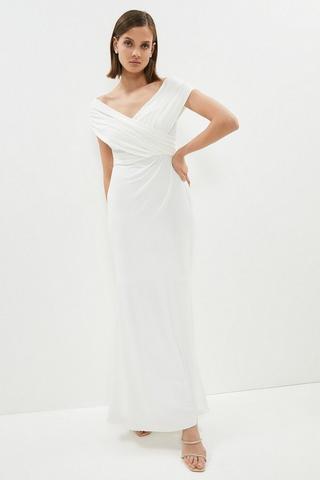 Product Ruched Bardot Fishtail Maxi Dress ivory