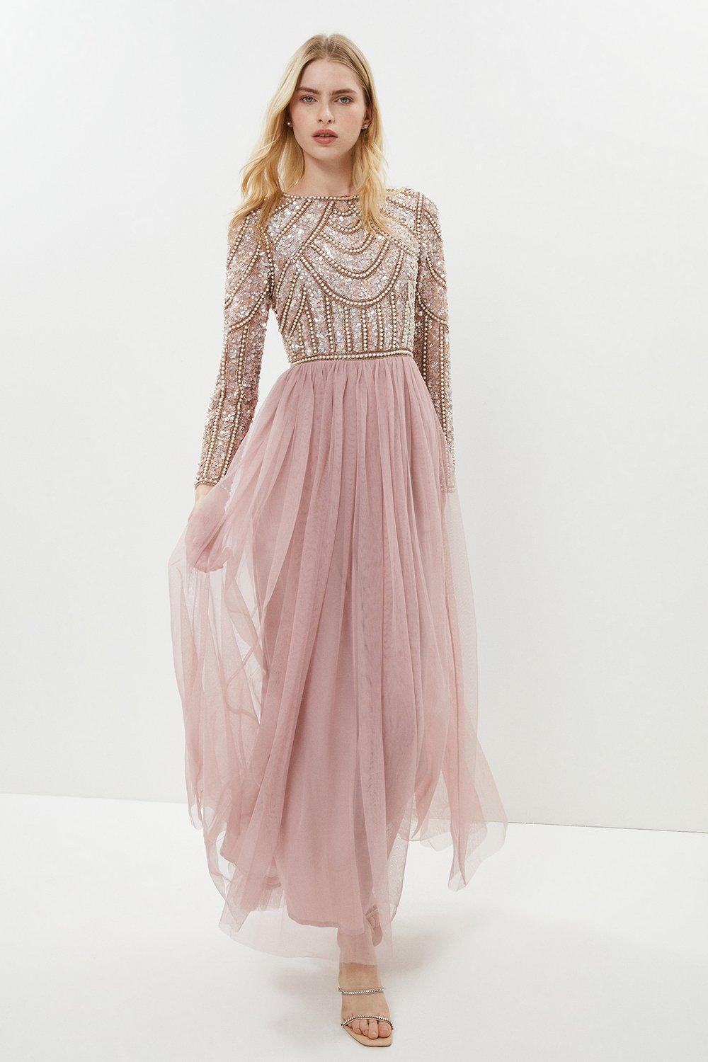 Pearl Embellished Bodice Bridesmaids Tulle Skirt Dress