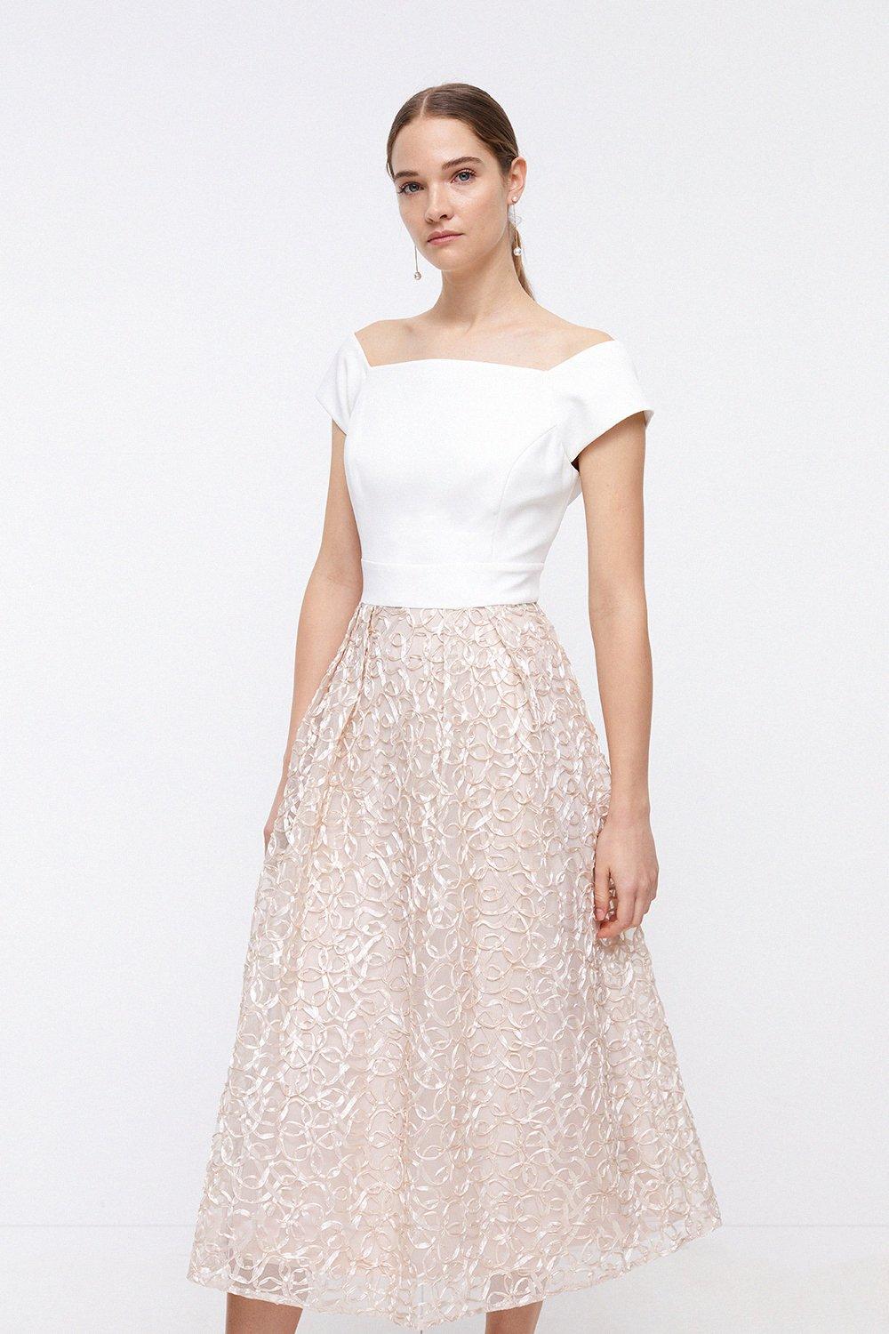 Midi Dress With Embroidered Ribbon Skirt