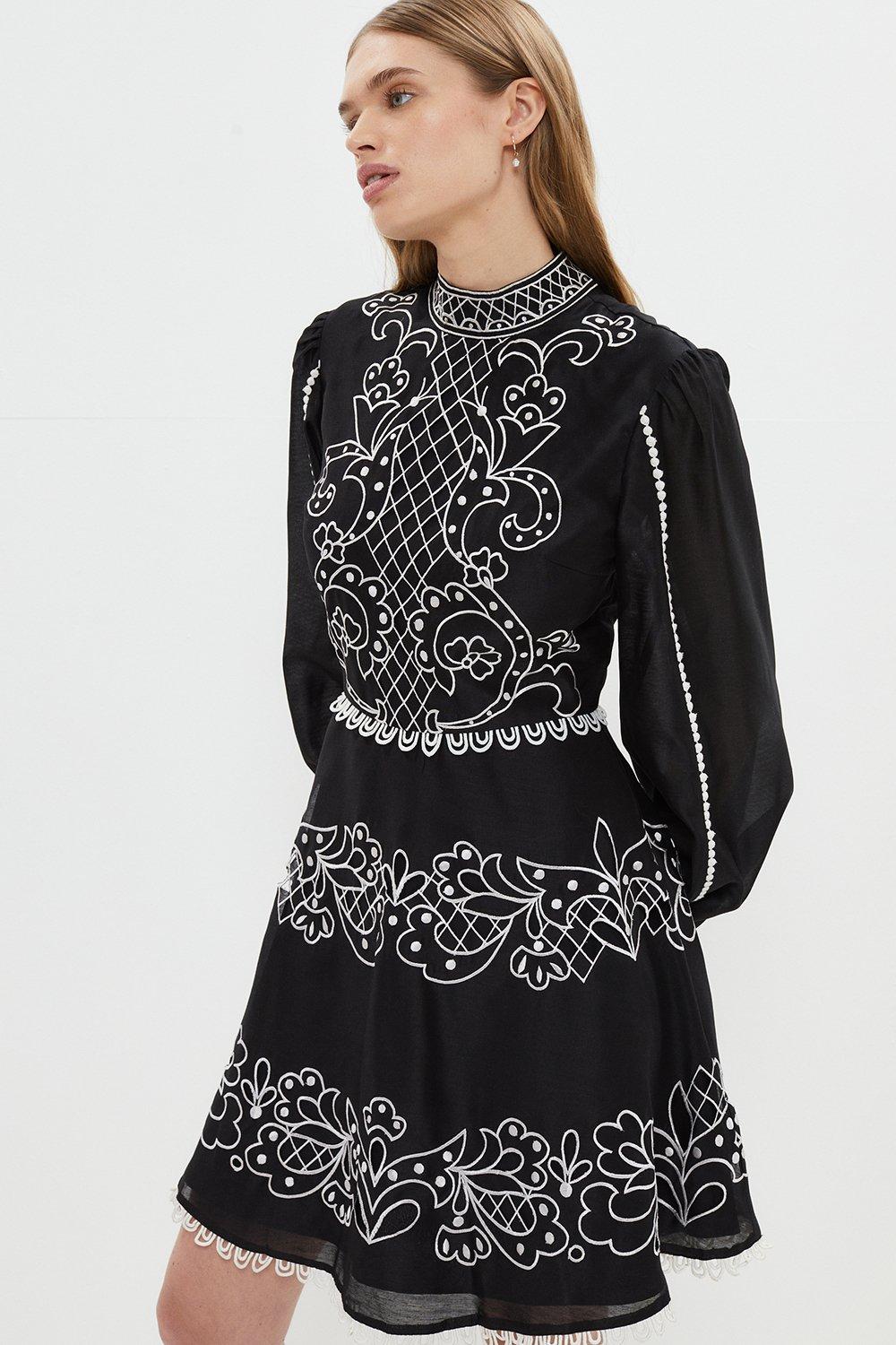 Cutwork And Embroidered Balloon Sleeve Dress