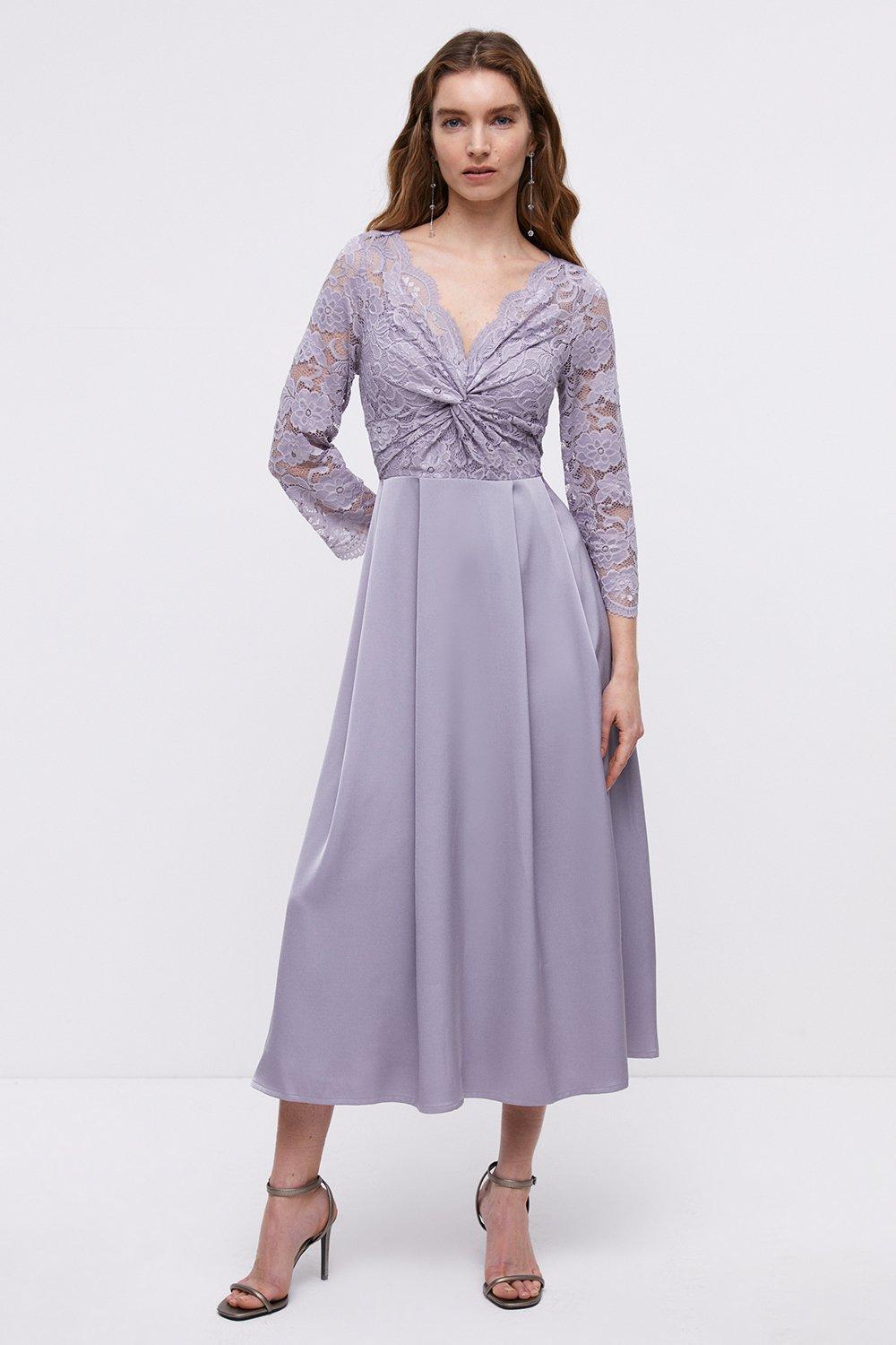 Lace Twist Top Satin Skirt Midi Dress