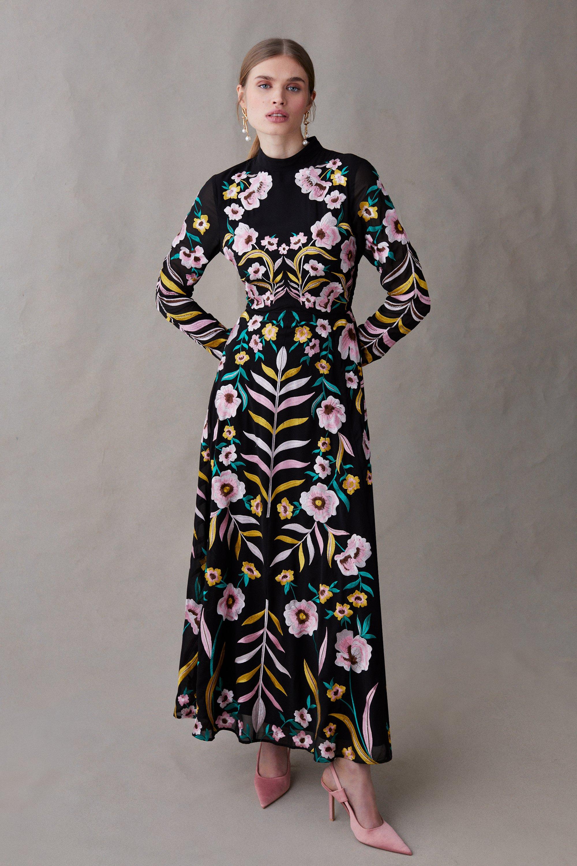 Statement Mirrored Floral Embroidered Maxi Dress