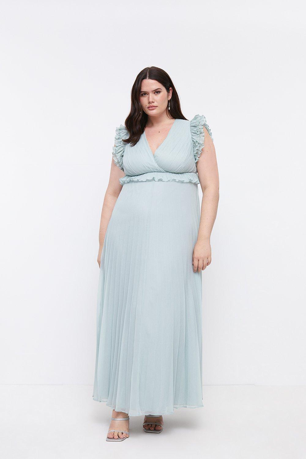 Plus Size Frill Shoulder Pleated Skirt Maxi Dress