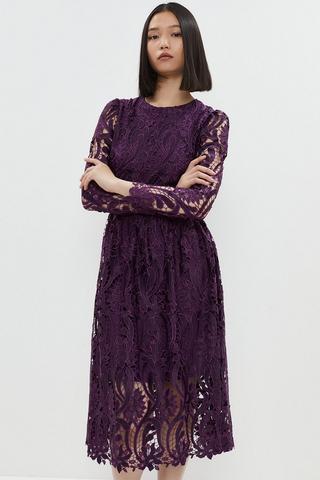 Product Long Sleeve Premium Lace Midi Dress aubergine