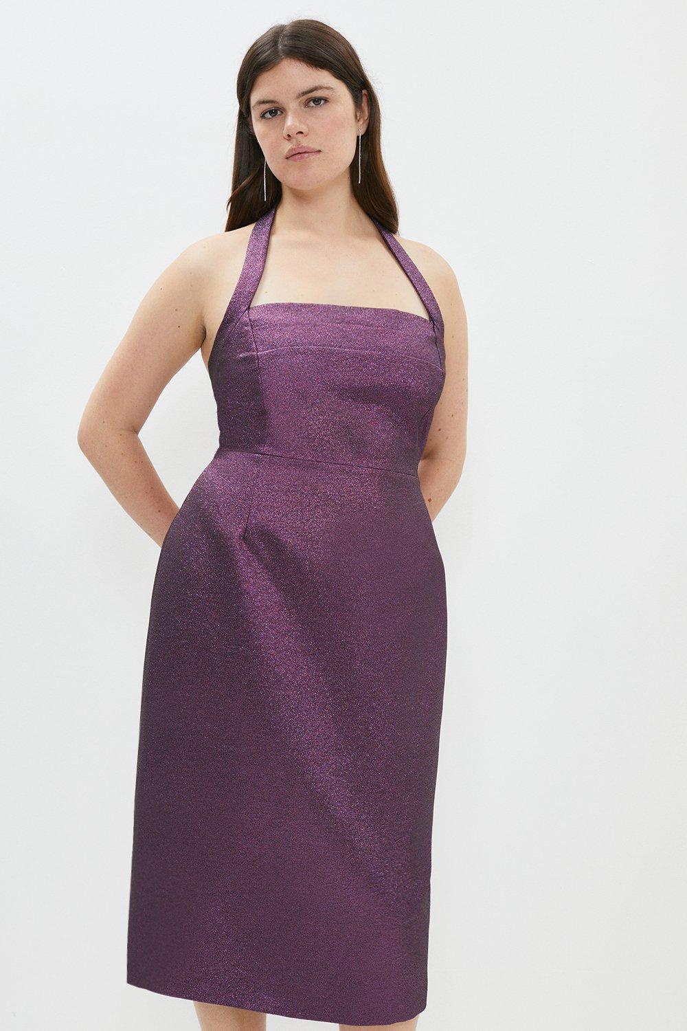 Plus Size Sparkle Jacquard Halter Neck Pencil Dress