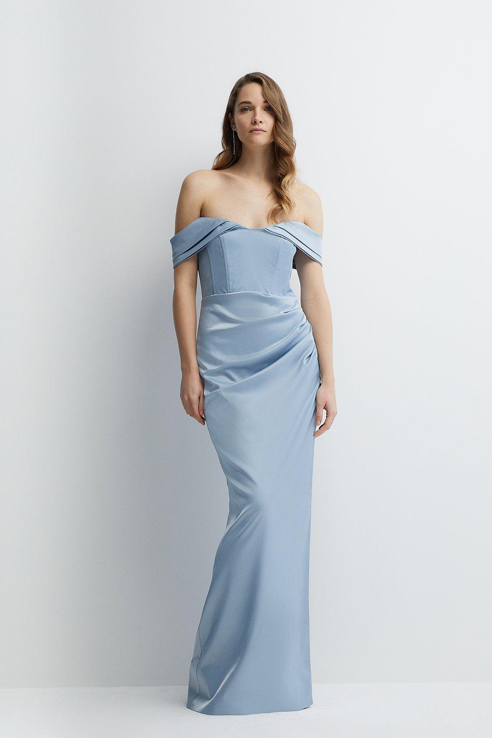 Structured Satin Bardot Wrap Bridesmaids Maxi Dress