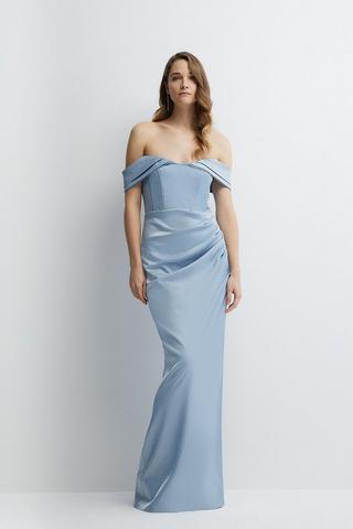 Product Structured Satin Bardot Wrap Bridesmaids Maxi Dress pale blue