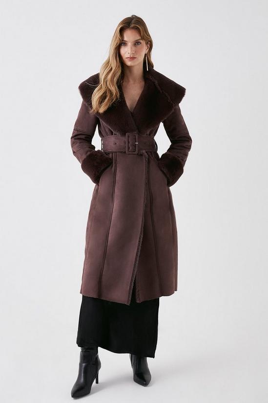 Coast Faux Shearling Collar Belted Long Coat 1