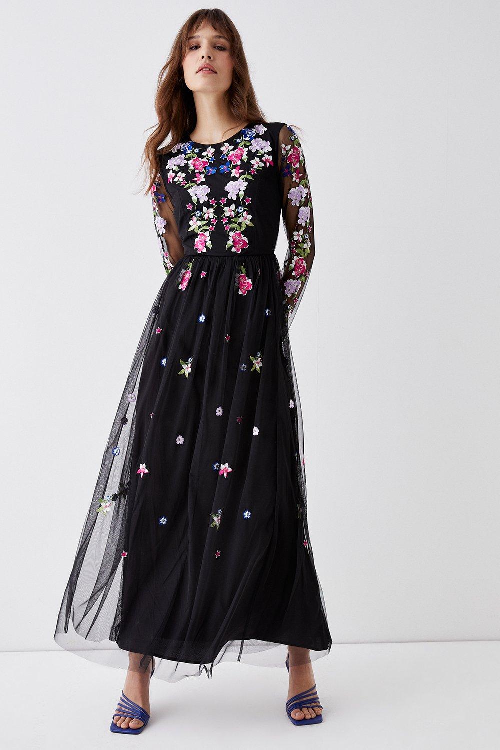 Long Sleeve Floral Embroidered Mesh Midi Dress