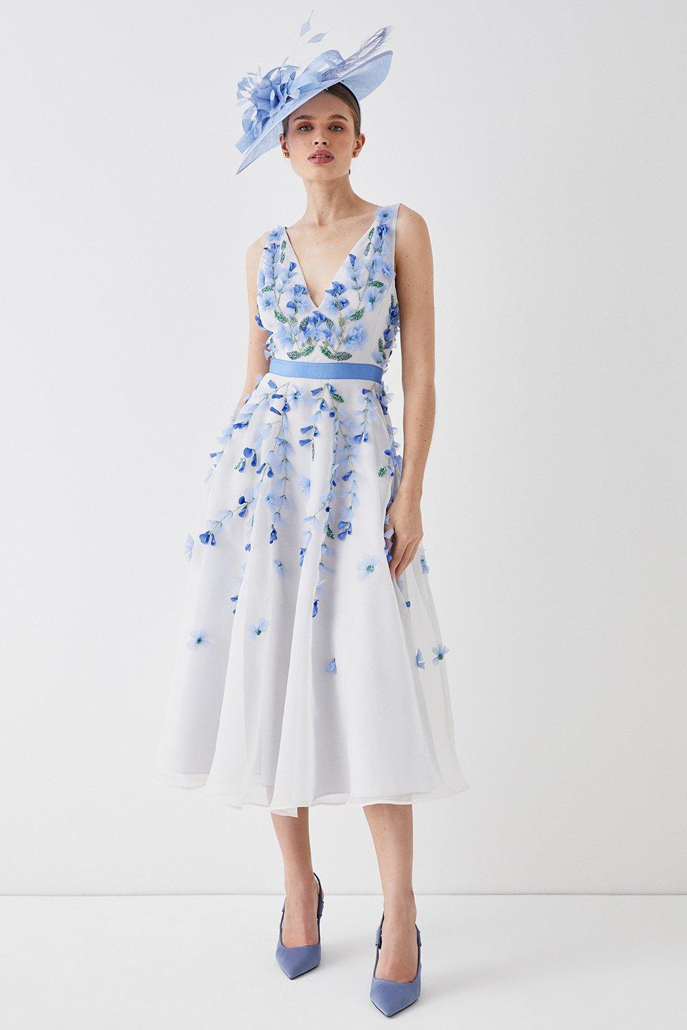 Plunge Organza 3d Floral Full Skirt Midi Dress
